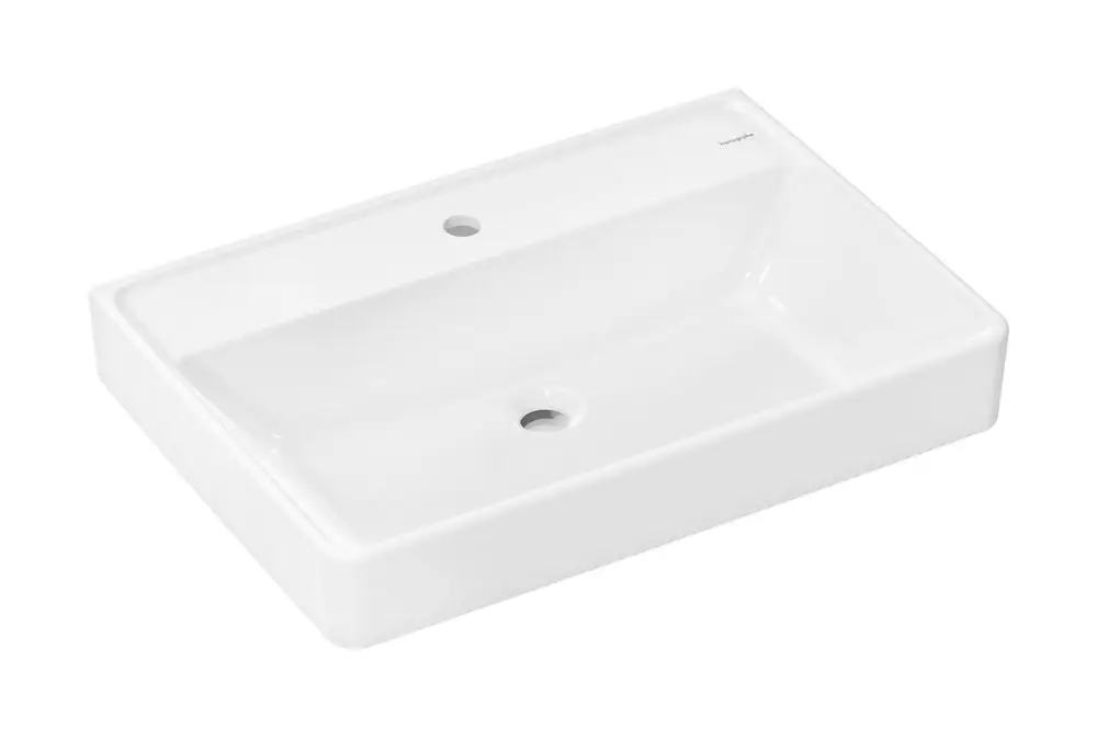 Weißer Waschtisch von Hansgrohe mit einem Hahnloch und abgerundeten Kanten. Die Oberfläche ist glatt und ohne Überlauf.